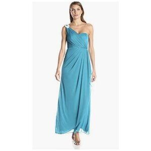 Xscape Teal One-Shoulder Ruched Embellished Long Gown Size 4 Womens